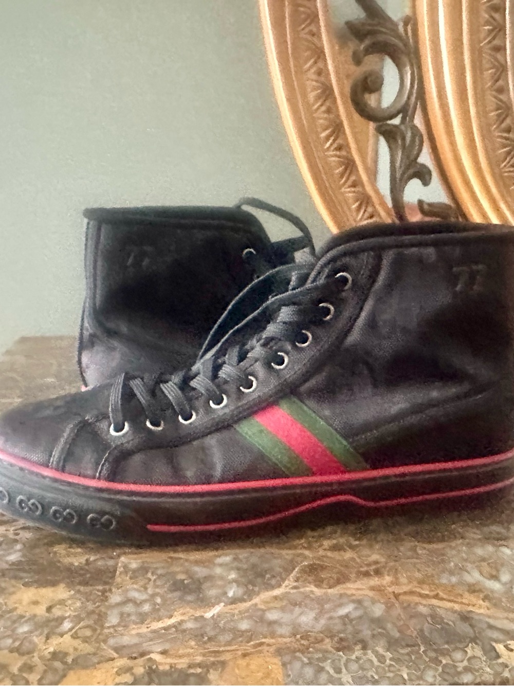 Gucci Black High-Top Sneakers with Green and Red Stripe